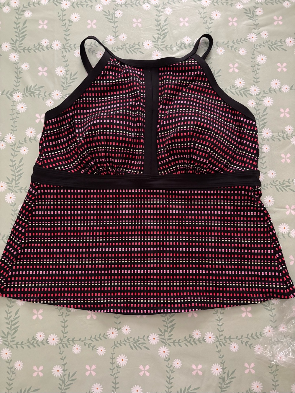 New Lands' End Black Tankini Top with Pink Dot Print
